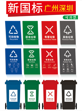 垃圾桶分类标识贴纸可回收易腐有害其他厨余垃圾标识标示宣传分类指南贴纸广州北京通用黑色垃圾分类图