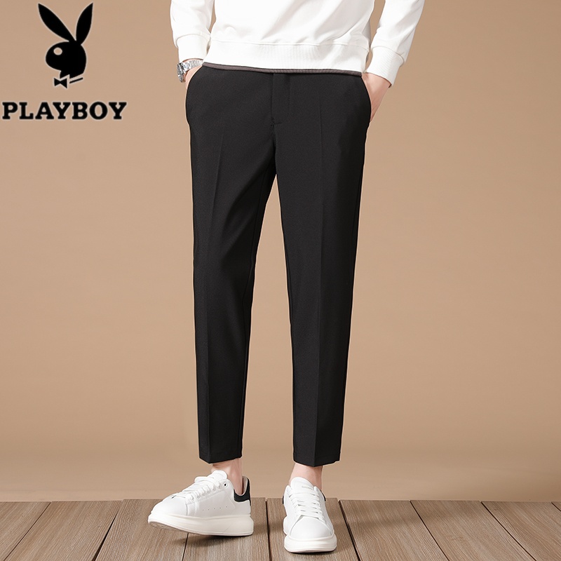 花花公子黑色垂感弹力西裤男士夏季修身显瘦直筒裤商务休闲西装裤