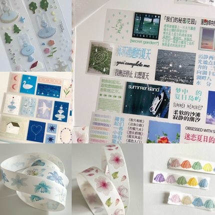 fancyfancyfancy 分装夏日迷因夏日文字贴纸卷花朵奶油胶带拉条