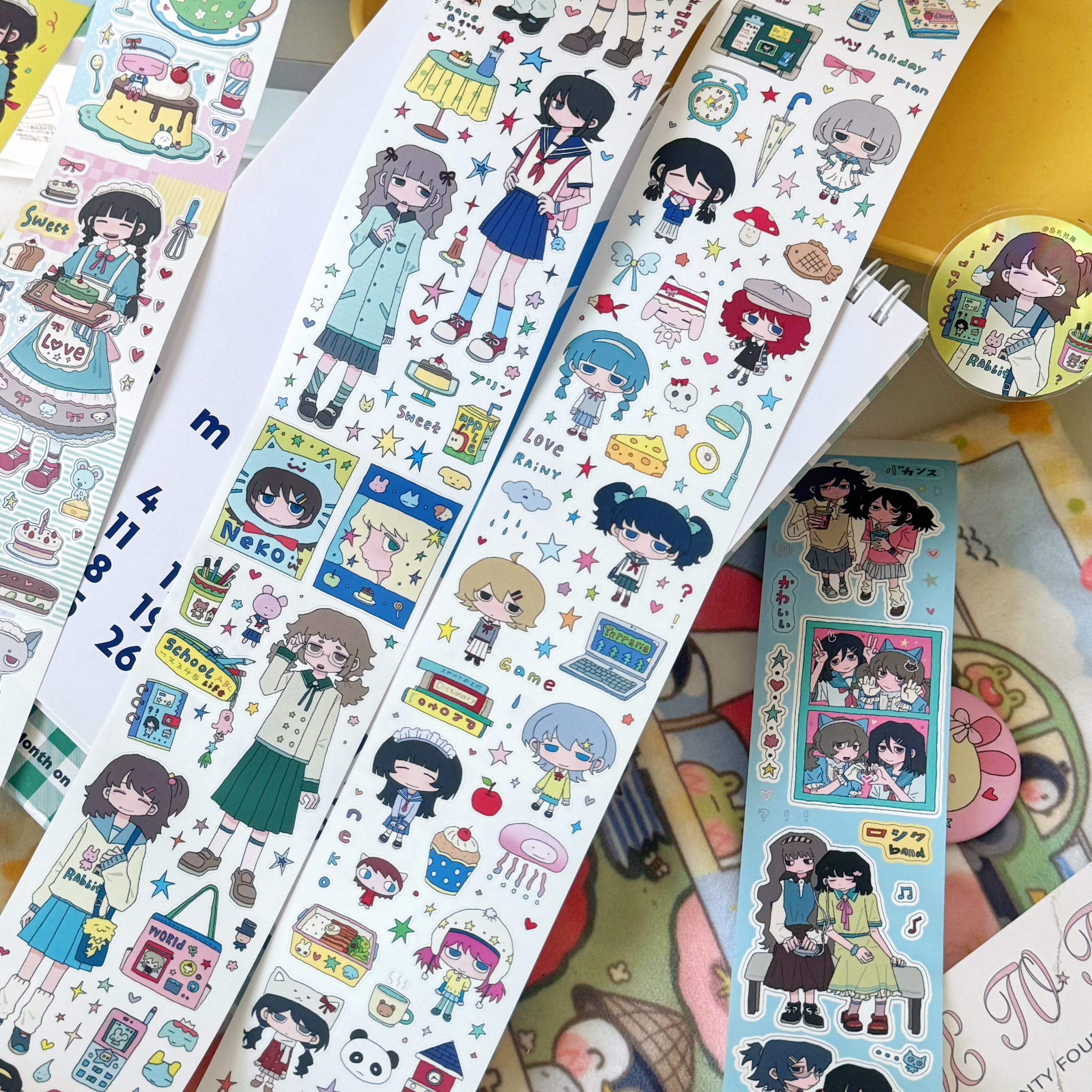 分装放学茶话会可爱人物校园风合成纸切膜贴纸卷手账拼贴素材装饰
