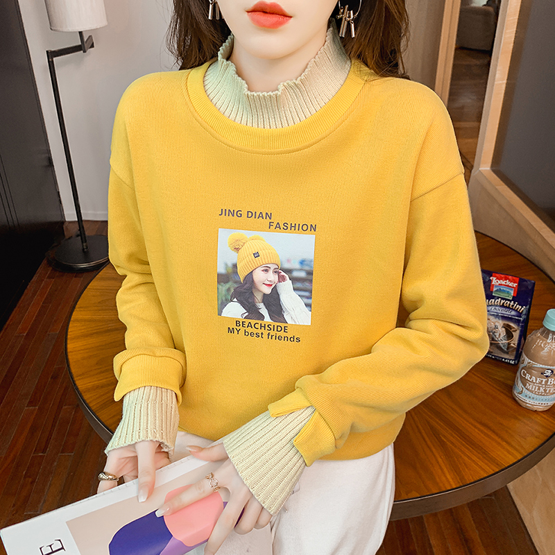 撞色假两件卫衣女秋冬洋气宽松加绒打底衫长袖休闲韩版上衣设计感