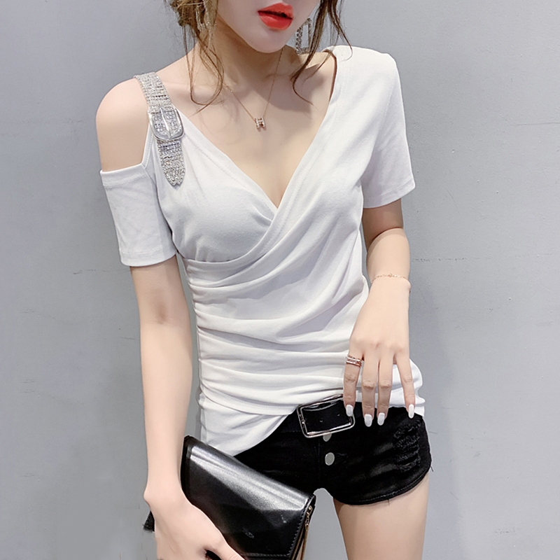 性感漏肩t恤女短袖夏装设计感不规则洋气上衣显瘦低胸深v领小衫潮