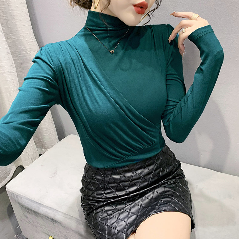 半高领打底衫女春装洋气不规则褶皱上衣紧身纯色内搭长袖t恤女ins