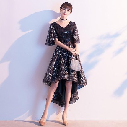 黑色小个子晚礼服裙女2024新款高级感宴会气质亮片高端主持人礼服