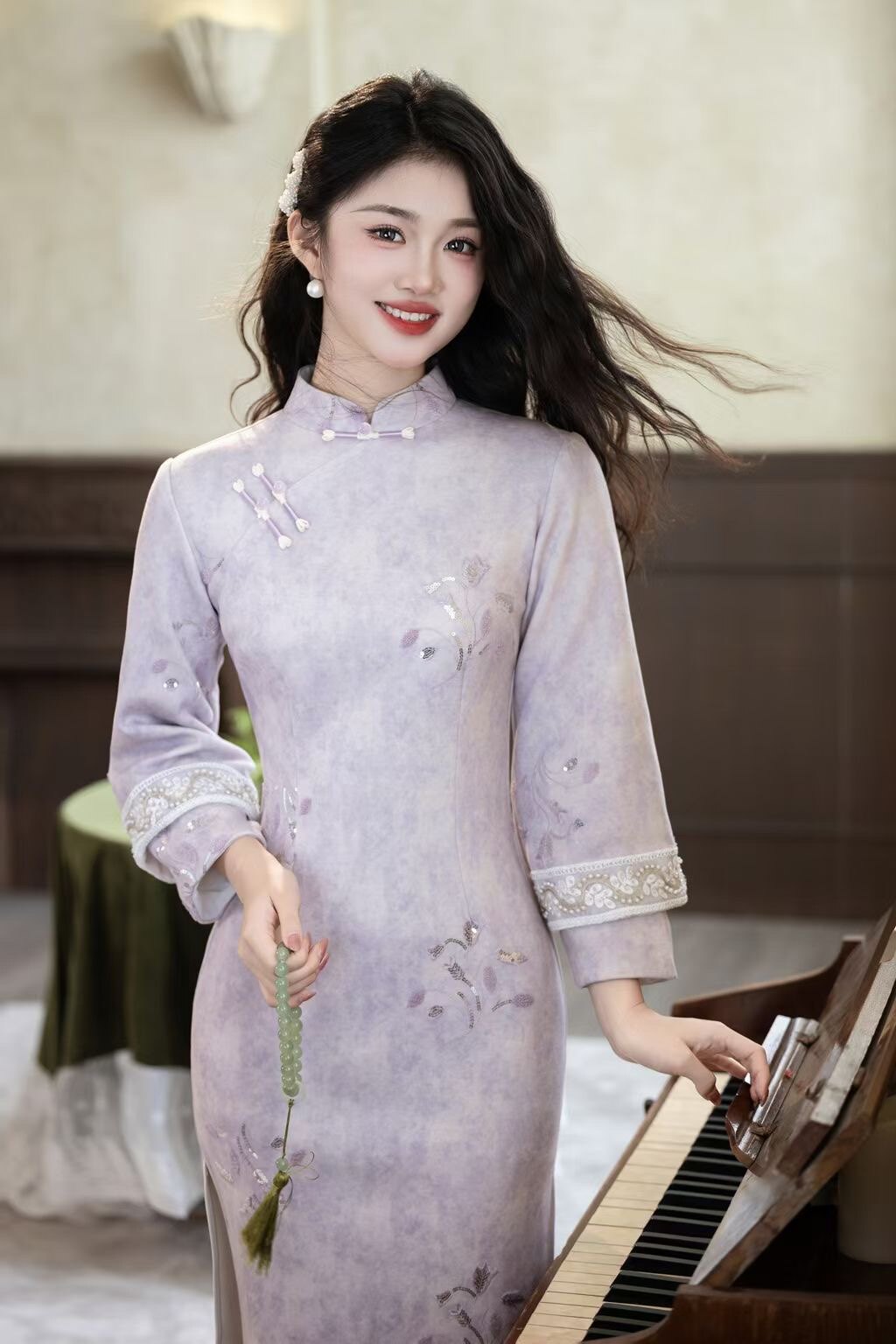 新中式改良旗袍女秋冬季淡紫色长袖淑女风日常可穿连衣裙贵气长款图片