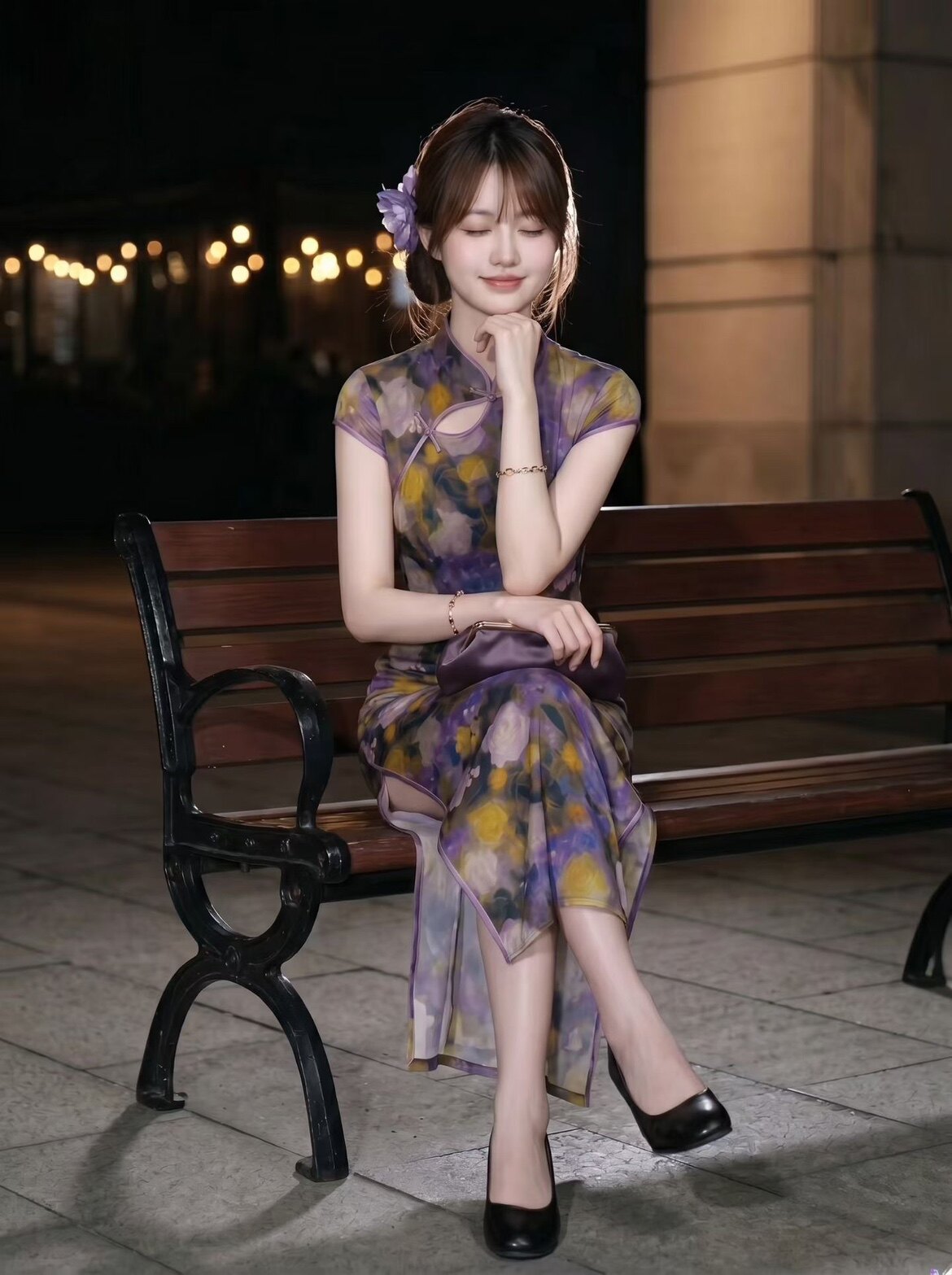 画报夫人原创温柔弹力网纱紫色大花朵港工旗袍 梦紫飘飘图片