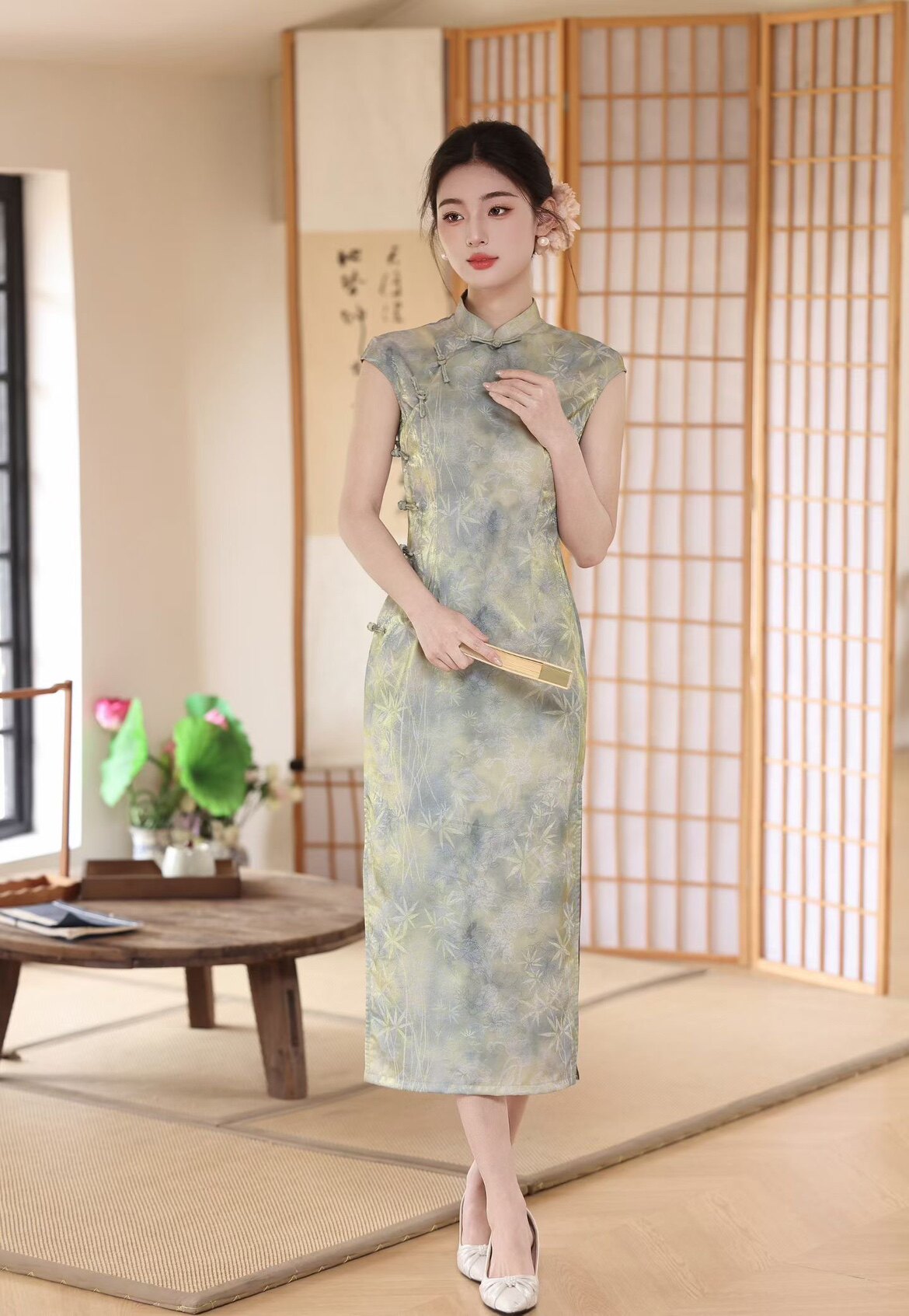 复古风改良旗袍女无袖浅蓝色花色修身长裙新中式日常透气连衣裙