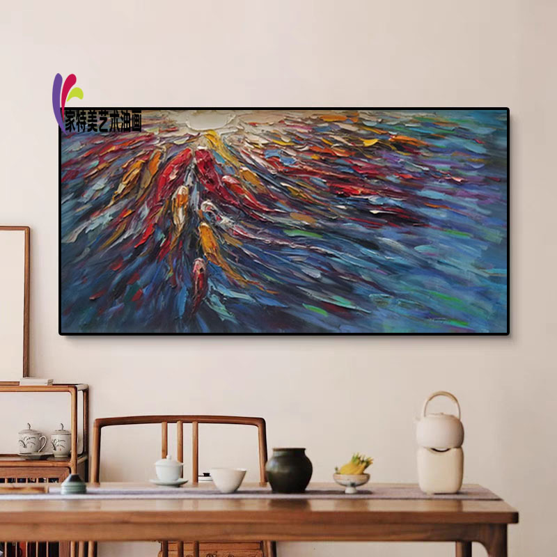 手绘九鱼图挂画客厅装饰画现代简约立体背景墙抽象厚油立体壁画图片