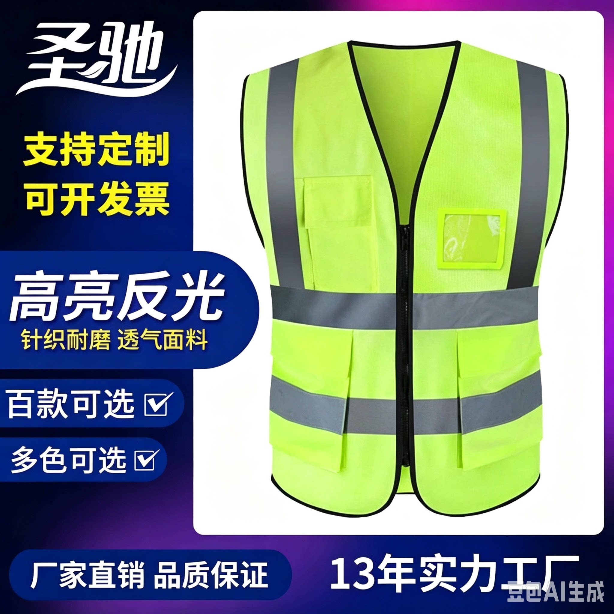 厂家圣驰反光背心荧光黄透气夜间安全服交通环卫道路施工可印字