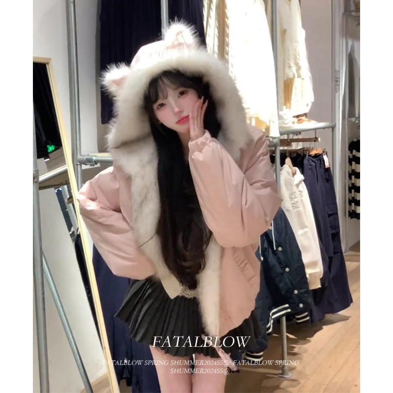 粉色可爱猫耳朵毛领连帽外套女装秋冬季棉服加绒加厚保暖棉袄上衣