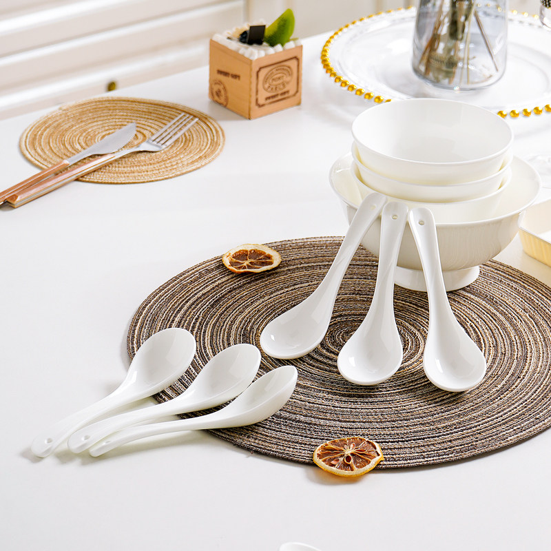 小汤勺纯白骨瓷家用长柄圆头粥勺