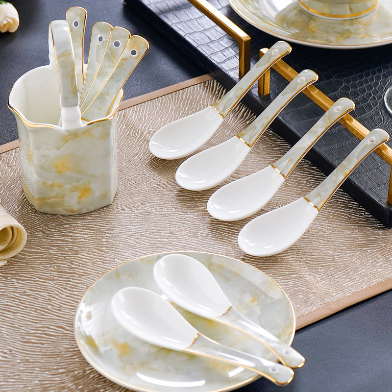 小汤勺骨瓷描金玉石纹理长柄粥勺