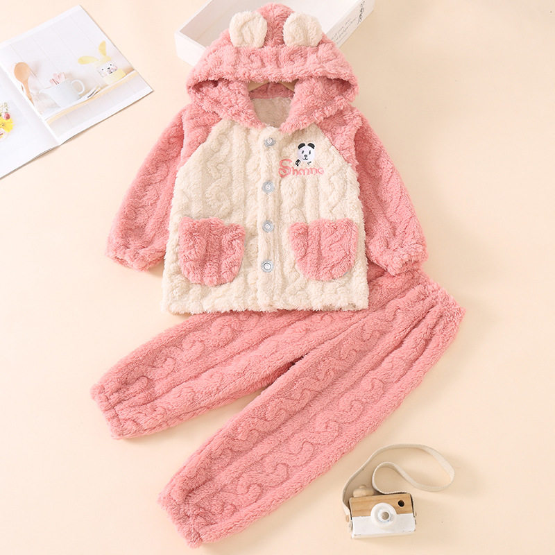 AUTUMN AND WINTER CHILDRENS FLANNEL PAJAMAS FOR BOYS AND GIRLS CORAL VELVET FOR SMALL CHILDREN BABY HOODED WARM LOUNGEWEAR SET