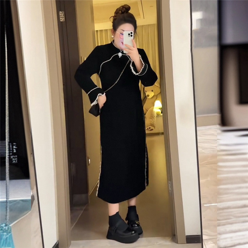 大码显瘦改良版黑色旗袍连衣裙女冬季新款胖mm内搭外穿新中式裙子