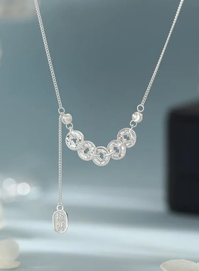 S999足银碎冰冰五帝币流苏项链复古中式精致轻奢锁骨链