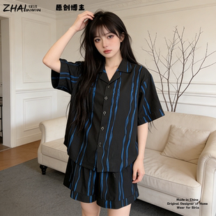套装 条纹简约睡衣女士2026马年新款 阔腿短裤 短袖 家居服高级感 夏季