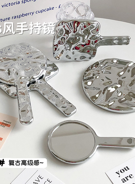 ins风复古手持化妆镜高级感补妆手柄镜女随身便携轻奢手拿小镜子