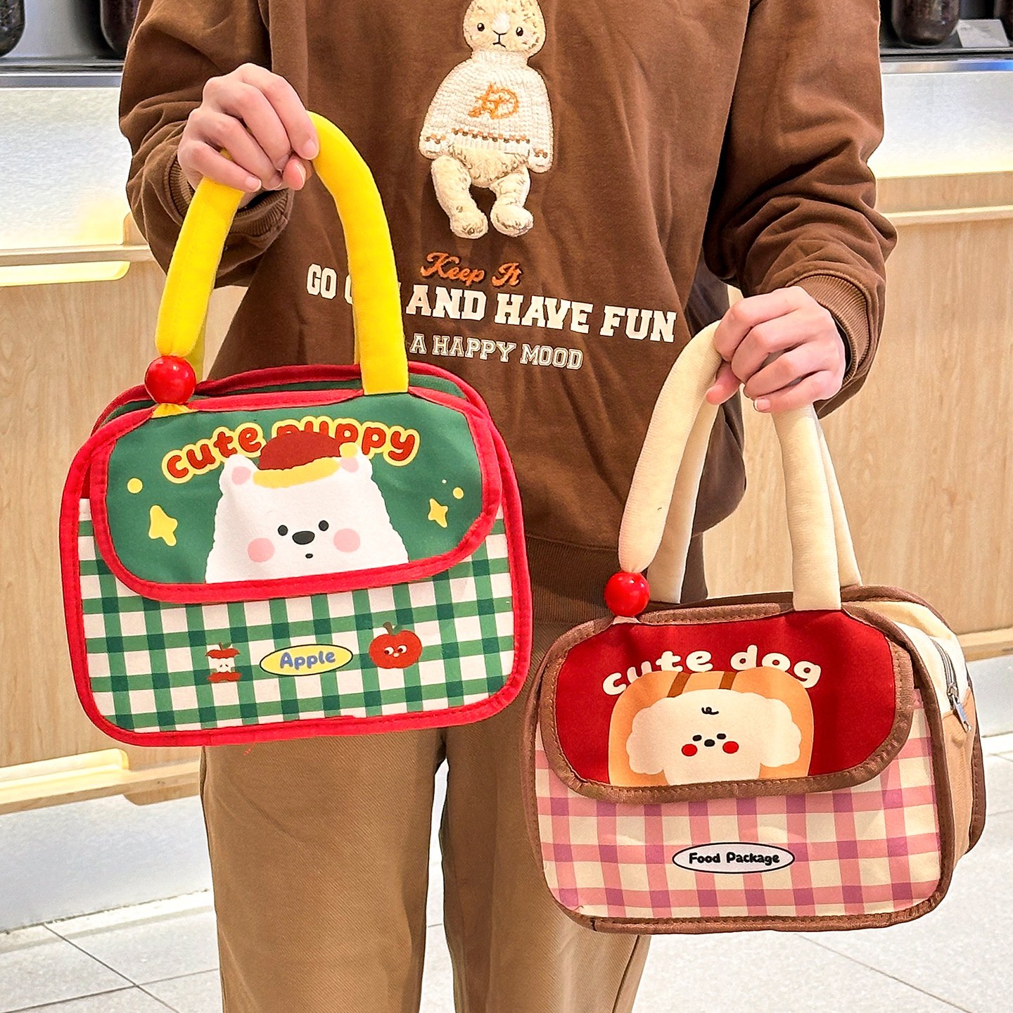 新款便当包学生卡通小狗格子便当保温袋手提包大容量百搭手拎包,收纳整理,便当包,淘宝优惠券,粉丝福利购,淘宝优惠卷