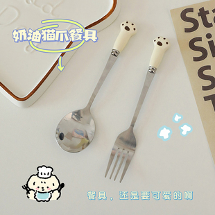 甜品叉勺子筷子学生汤勺便携 可爱猫爪不锈钢叉勺儿童家用餐具套装