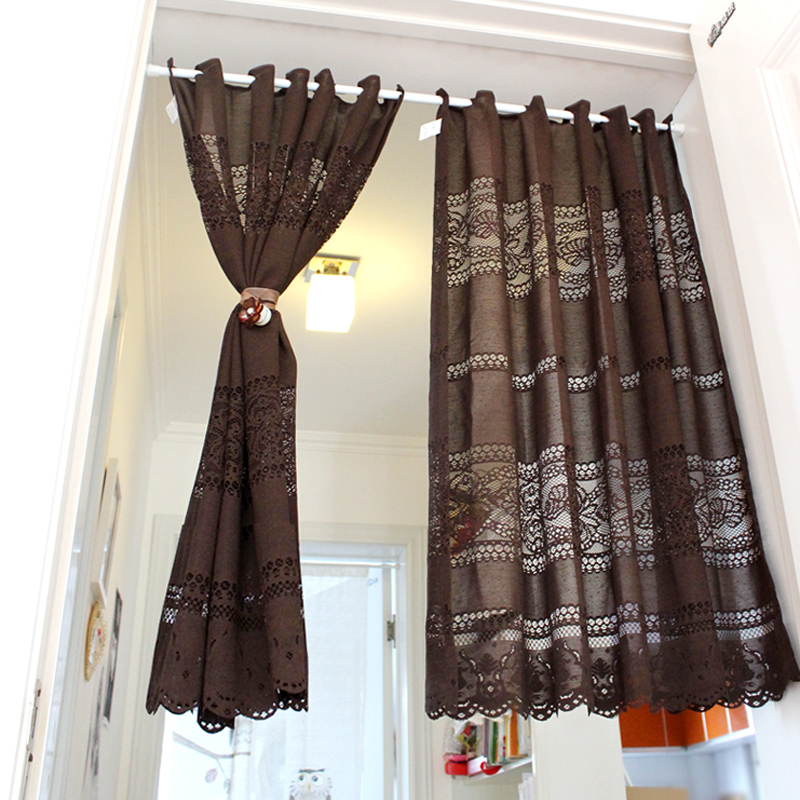 欧式时尚成品蕾丝门帘深咖色镂空半帘厨房卧室帘门帘短帘挂帘田园