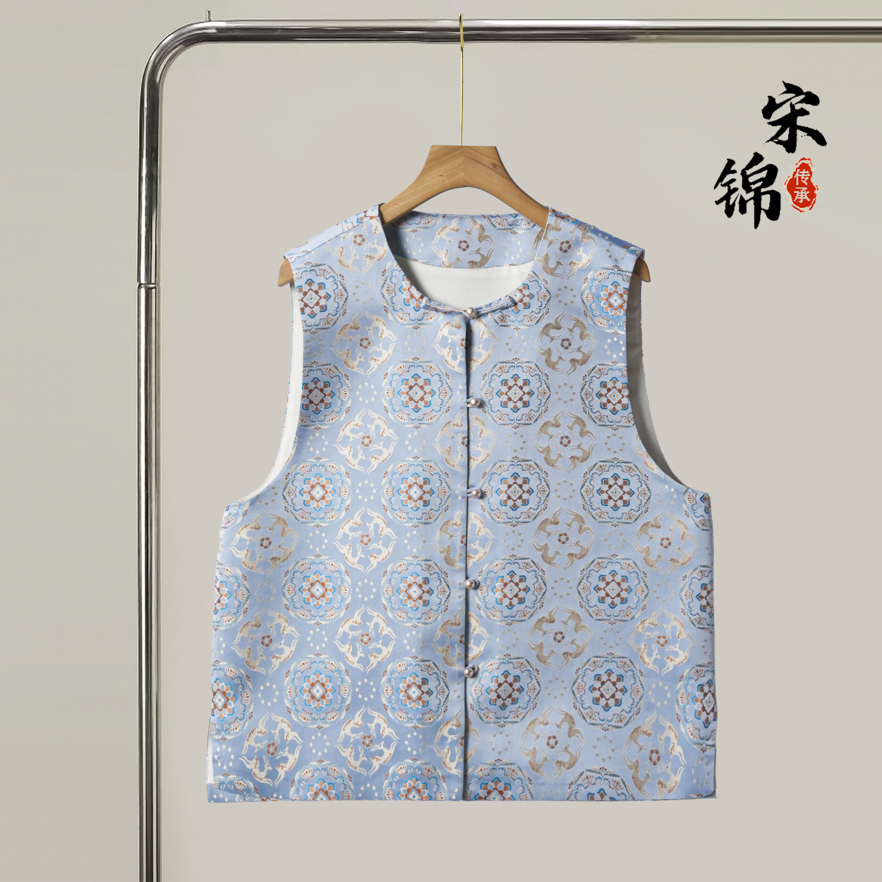 蓝宝花奔鹿宋锦桑蚕丝新中式对襟马甲外套真丝国风上衣开衫外搭秋