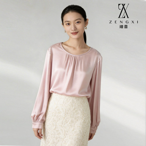 桑蚕丝圆领通勤女真丝长袖T粉色