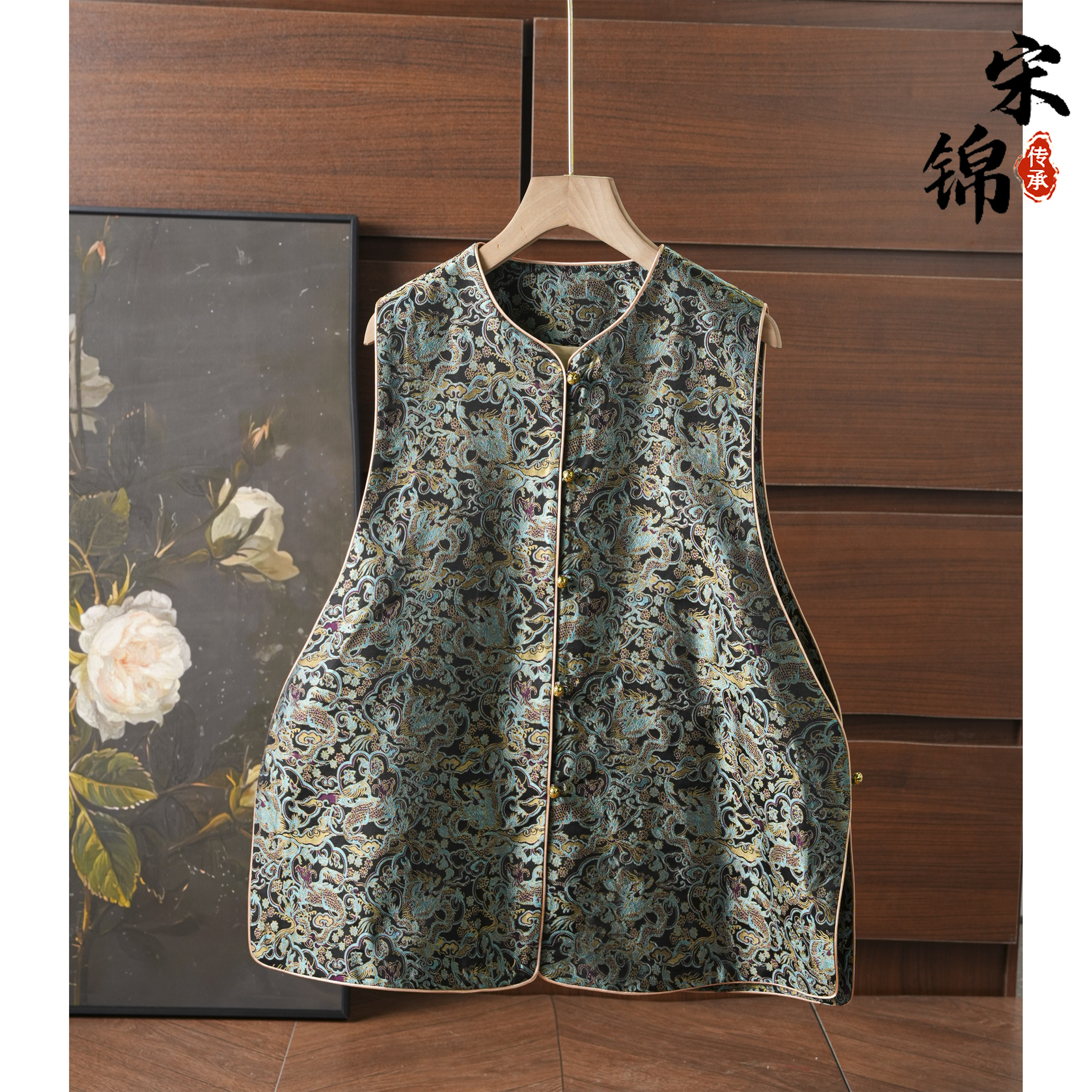 牛首龙纹织金宋锦桑蚕丝新中式A版对襟马甲外套真丝国风上衣女春,女装/女士精品,马夹,淘宝优惠券,粉丝福利购,淘宝优惠卷