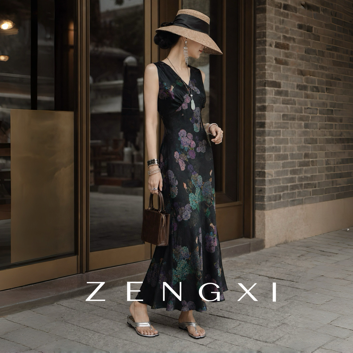 气质香云纱无袖印花连衣裙女夏V领修身显瘦优雅气质小众黑色长裙
