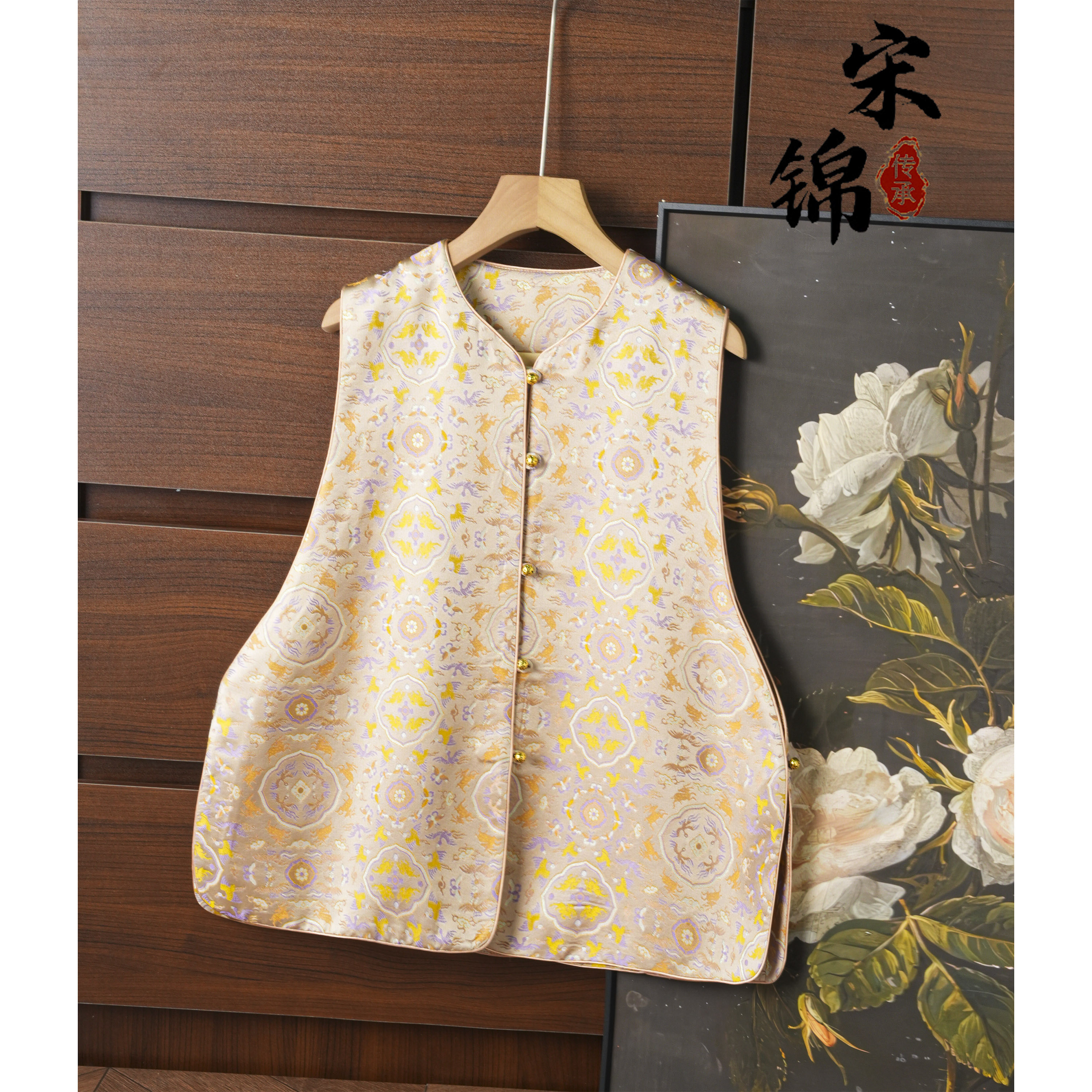 鹤鹿同春织金宋锦桑蚕丝新中式A版对襟马甲外套真丝国风上衣女春,女装/女士精品,马夹,淘宝优惠券,粉丝福利购,淘宝优惠卷