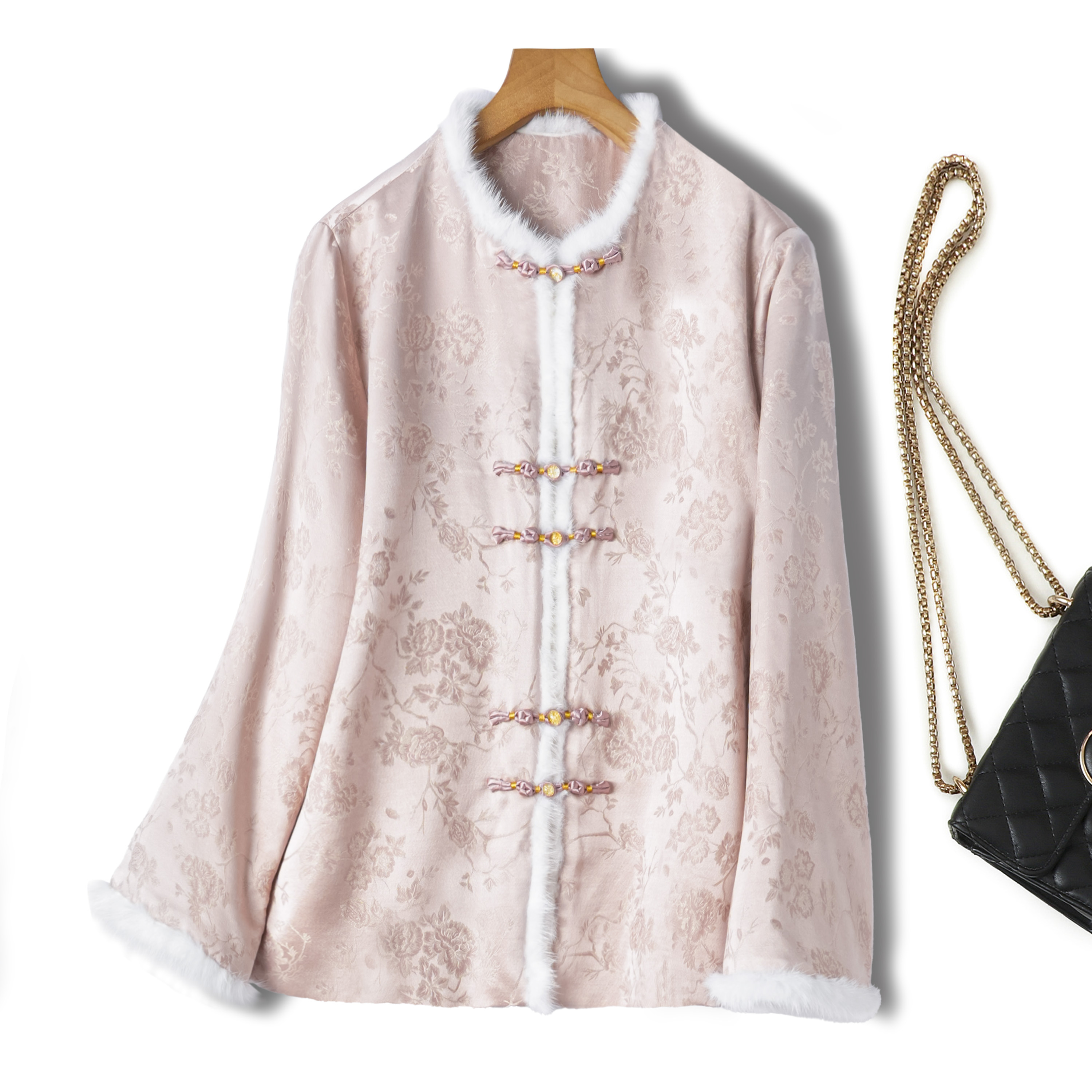 织金粉色新中式桑蚕丝羊毛棉服外套女冬季高级气质水貂毛国风上衣