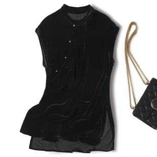 真丝丝绒奥黛衫!轻奢感黑色真丝立领衬衫斜襟上衣女款开叉桑蚕丝