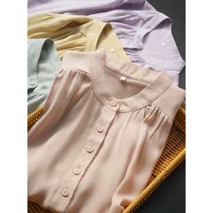 2025春秋设计款桑蚕丝建宏皱立领半开襟收褶长袖大码纯色真丝上衣