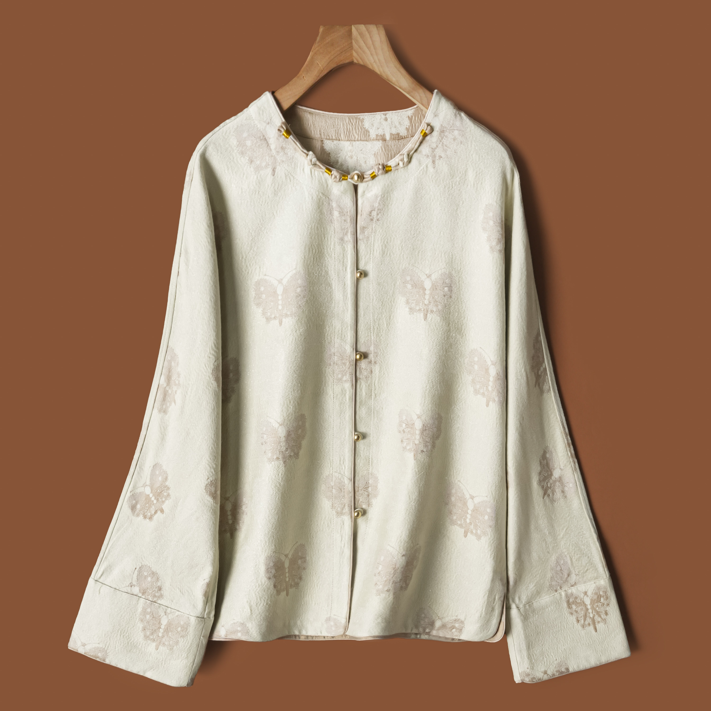 双穿工艺!上久楷桑蚕丝羊毛蝴蝶提花外套真丝长袖新中式国风上衣