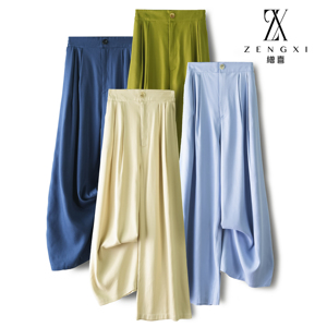 真丝通勤风休闲裤女高腰阔腿裤春夏款桑蚕丝直筒女士显瘦防晒长裤