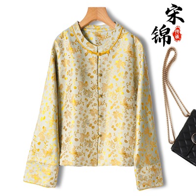 金鱼海藻！桑蚕丝织金宋锦新中式外套女真丝宽松圆领盘扣国风上衣