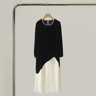 法式复古赫本风真丝丝绒钉珠圆领灯笼长袖宽松A字连衣裙鱼尾裙黑