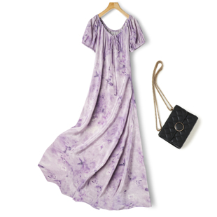 法式新款桑蚕丝斜裁连衣裙真丝双绉减龄系带紫色蝴蝶短袖长裙女
