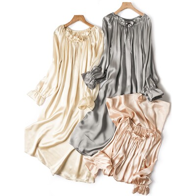 宽松大码春夏新款桑蚕丝缎面真丝长裙甜美木耳边长袖睡裙连衣裙女