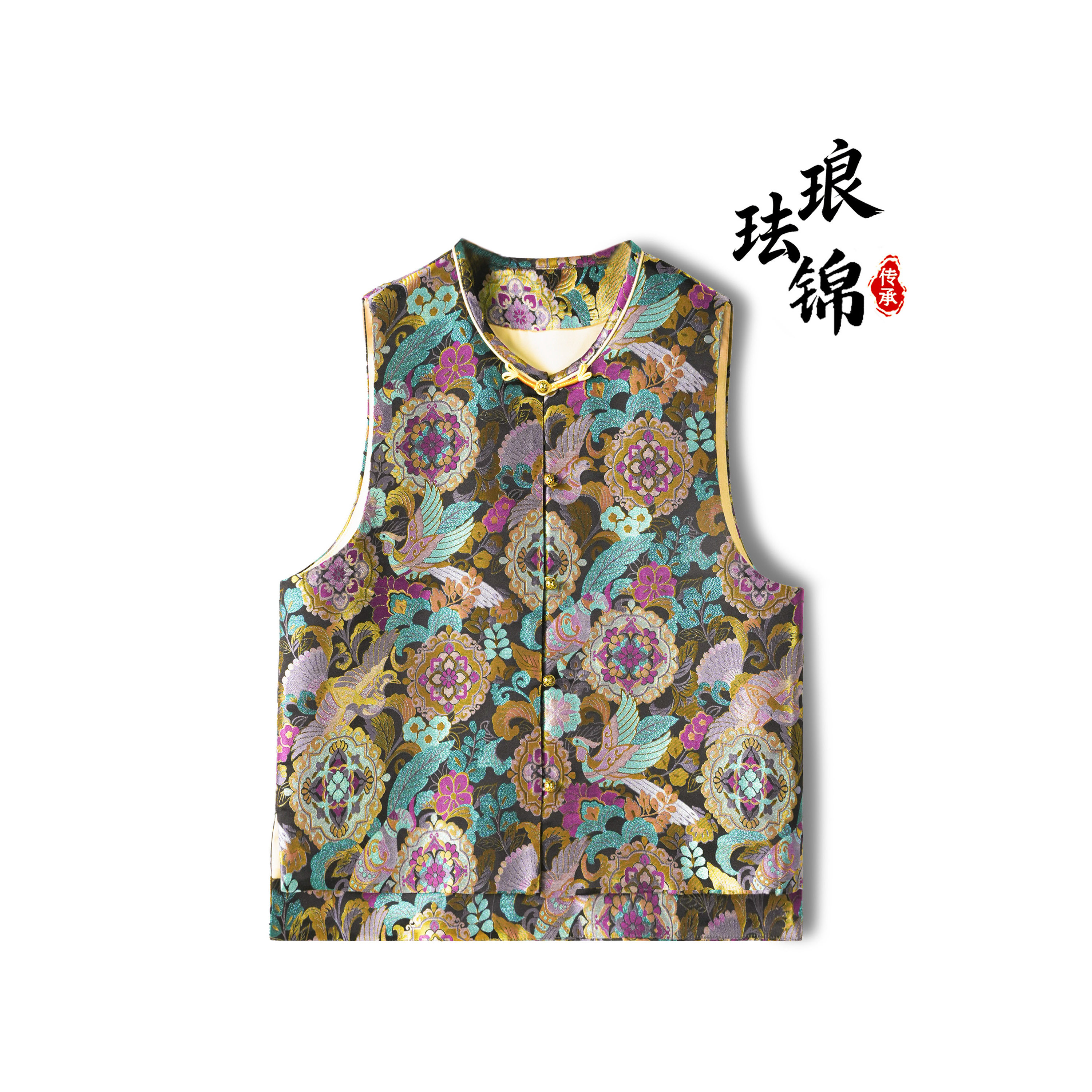 花鸟团花纹法琅锦桑蚕丝新中式对襟马甲外套真丝国风上衣开衫外搭,女装/女士精品,马夹,淘宝优惠券,粉丝福利购,淘宝优惠卷