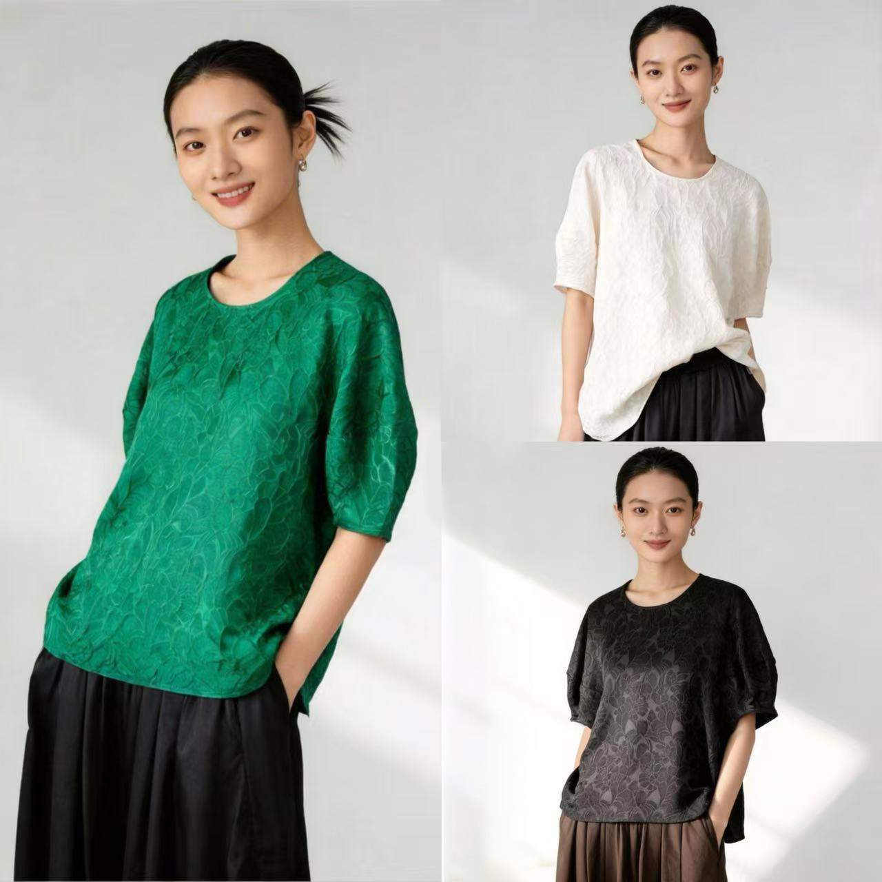 复古真丝提花小衫女法式优雅花苞袖上衣桑蚕丝圆领套头T恤2026夏