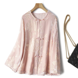 复古圆领新中式 开衫 国风外套女 衬衫 奢华金线丝绒烂花真丝正肩长袖