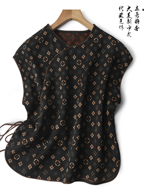 黑色老花！花罗香云纱！桑蚕丝斜襟新中式毛衫真丝上衣短袖开衫女