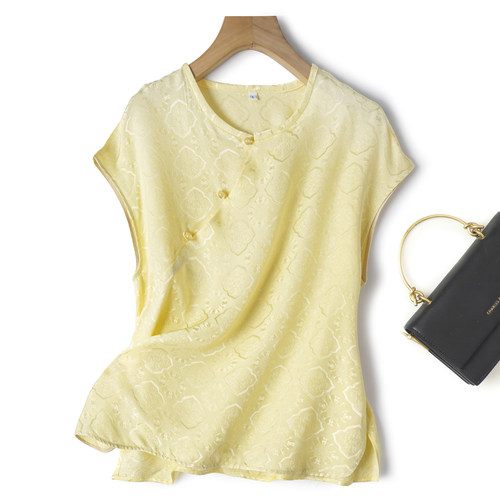 闭眼入！四合如意花罗新中式圆领斜襟上衣真丝宽肩T恤桑蚕丝衬衫