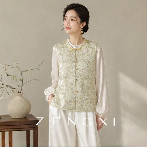 宋锦桑蚕丝缠枝莲女开衫马甲秋