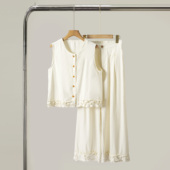 设计感木耳边2025马甲阔腿裤 女气质女神范真丝两件套秋 桑蚕丝套装