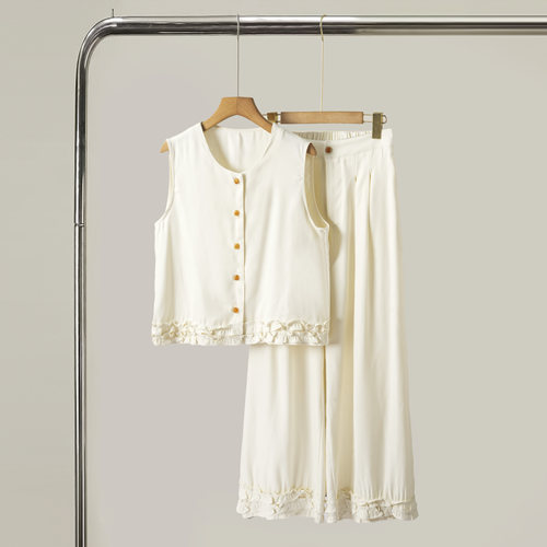 设计感木耳边2025马甲阔腿裤桑蚕丝套装女气质女神范真丝两件套秋