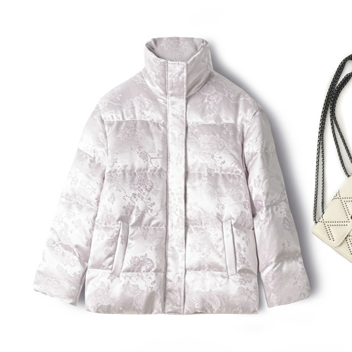 立领提花90白鸭绒羽绒服外套女桑蚕丝丝羊毛短款外套2025秋冬新款