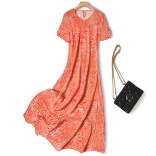 甜蜜野莓果酱珊瑚红波点!真丝圆领短袖连衣裙桑蚕丝斜裁修身长裙