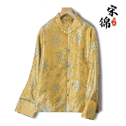 金色凤凰桑蚕丝织金宋锦立领对襟外套真丝新中式90白鸭绒羽绒服女