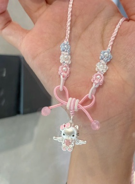 足银999爱心天使kitty猫凯蒂猫Kt猫纯银吊坠桃花编绳可爱甜美礼物